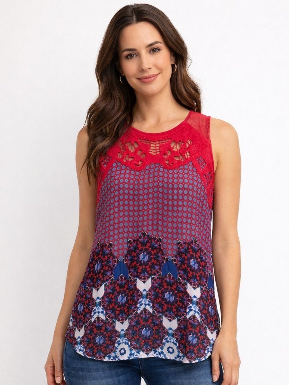 Daniel Rainn Red Crochet Yoke Sleeveless Top Petite Medium Button Back